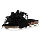blumen schuhe tamaris  SCARPE VITA Damen Sandalen Pantoletten Plateau Sandaletten Blumen Schuhe Schlappen Sommerschuhe Federn Kork-Optik 190526 Schwarz Black Total 38
