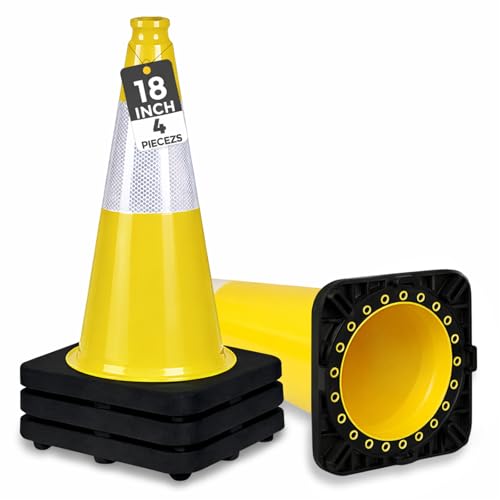 Image of BESEA 4 Pack 18 Inch Yellow Traffic Cones with Wide Stable Base