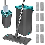 Masthome Juego de Fregona y Cubeta de Drenaje , Fregona de Suelo Plano con 6 Almohadillas de Microfibra y Mango de Acero Inoxidable de 130 cm para Cualquier Suelo - Gris y Verde