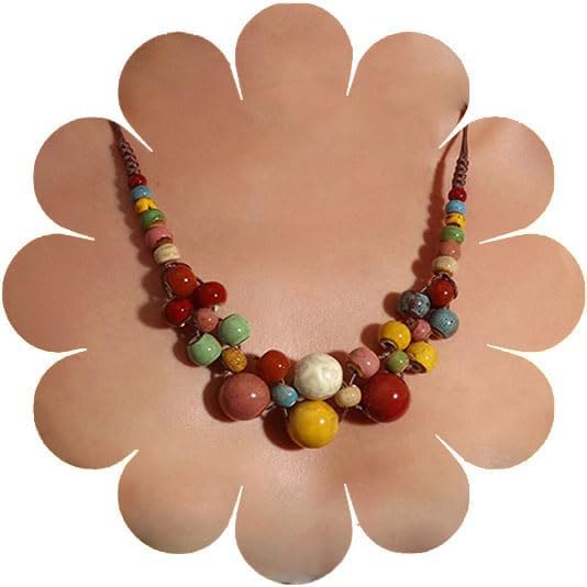 Q&D&S Handcrafted Boho Colorful Ceramic Round Beads Strand Necklace, Vintage Bohemian Fashion Statement Adjustable Jewelry Gift for Women