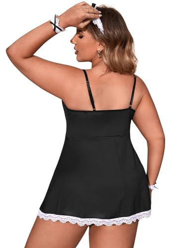 Wdirara Women'S Plus Size Maid Dress 5 Pieces Maid Outfit Costume Lace Trim Lingerie Set Black And White 4Xl thumb #1