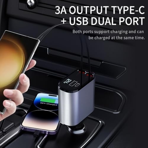 Image of ETH Retractable Car Charger, 120W 4 in 1 Super Fast Charge Car Charger, Type C & USB Charging Ports, Retractable Cables (80Cm) Car Adapter, Compatible iPhones, Ipad, Galaxy, Pixel