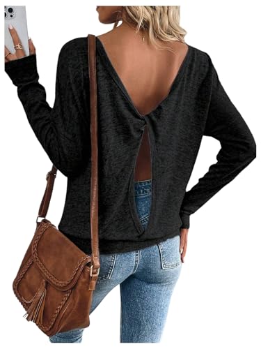 SOLY HUX Women's Twist Open Back Tops Cut Out Tee Backless Casual Long Sleeve Round Neck T Shirt
