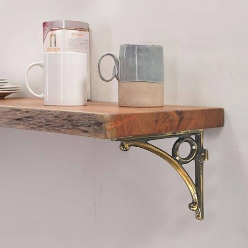 Image of Metal Handcrafted Shelf Bracket for Floating Shelves L Angle Decorative L Shaped Corner Brace Joint Heavy Duty Wall Mounted Shelf Supporter Corner Brace Holder (Brass Antique, Pack of 2)