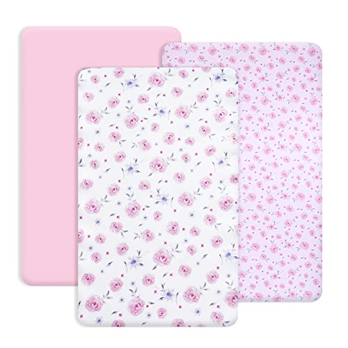 Image of PHF 3 Pack Soft Mini Crib Sheets, Floral Silky Pack N Play Sheets for Baby Boys Girls, Universal Fit for Pack N Play, Playard, Portable and Mini Crib Mattresses, Pink Floral