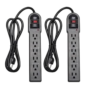KMC 6-Outlet Surge Protector Power Strip 2-Pack, 900 Joules, 4-Foot Extension Cord, Overload Protection, Black