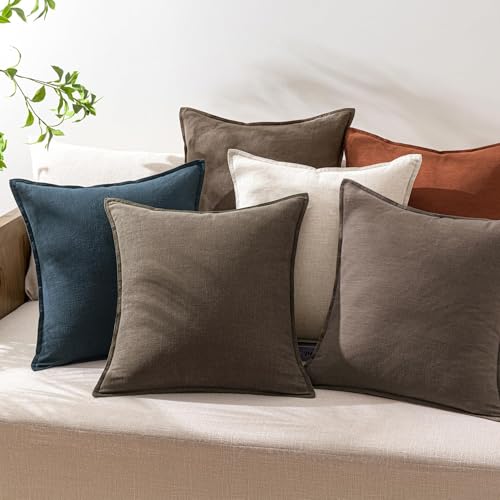 Image of Decorative Linen Solid Throw Pillow Covers 20x20 Inch Set of 2 Coffee Boho Accent Farmhouse Pillows Modern Neutral Home Decor for Couch Sofa Living Room Bed