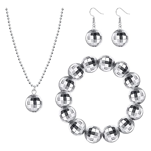Kakonia Discokugel Ohrhänger Disco Armband Disco Halskette 70er Jahre Disco Outfits für Damen Disco Kostüme Disco Kugel Schmuck Set Cover