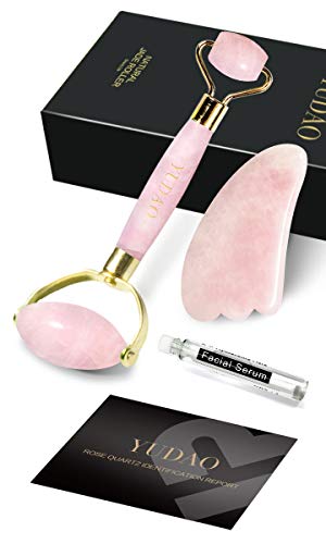 YUDAO Rose Quartz Roller For Face & Pink Gua Sha Scraping Tools - Anti Aging Wrinkle, Facial Puffiness Massager Therapy, Face Slimmer, Eye Skin Rejuvenate - 100% Real Natural Jade Crystal Stone Set