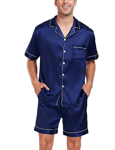 Image of SWOMOG Men Satin Silk Pajamas Sets Short Sleeve Sleepwear Button-Down PJs Sets Two-Pieces Loungewear with Pockets