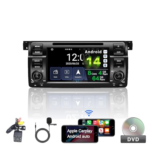 Egosonic Real Android 14 Car Radio, Octa Cores (4+64GB), in-Dash DVD Player, 7″ Touchscreen, Wireless Carplay Android Auto, DSP+, 1 Din Compatible with BMW E46 3 Series 1999-2004, Support WiFi BT 5.0