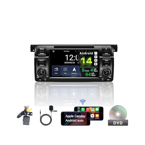 Egosonic Real Android 14 Car Radio, Octa Cores (4+64GB), in-Dash DVD Player, 7″ Touchscreen, Wireless Carplay Android Auto, DSP+, 1 Din Compatible with BMW E46 3 Series 1999-2004, Support WiFi BT 5.0