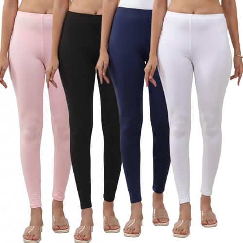 Image of Volex Women and Girls Full Length Leggings | Cotton Spandex /Elastane 4 Way Stretchable | Casual Slim fit Ultra Soft Leggings-Pack of 4