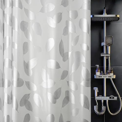 TRIMENGO Plastic Shower Curtain Liner, Waterproof Printed PEVA Shower Curtain with Design, Silver Leaf Pattern, Rustproof Grommets, Standard Size 70x72 Bathtub Curtain for Bathroom (Pack of 1)