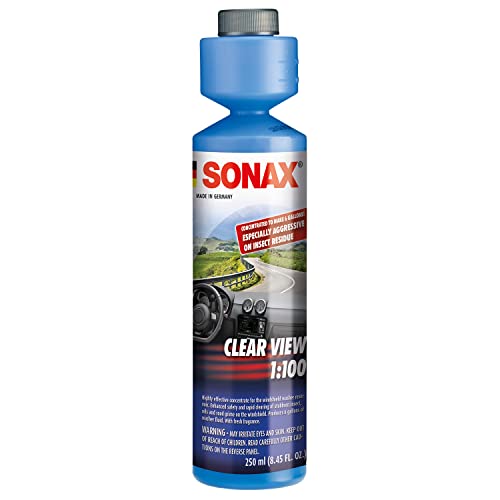 SONAX Clear View Concentrate 271141 | High-Performance Windshield Cleaner Concentrate | Remove Insects, Oil, Road Grime & Film | Streak-Free Phosphate-Free Formula | Makes 6 Gallons of Cleaner | 250ml
