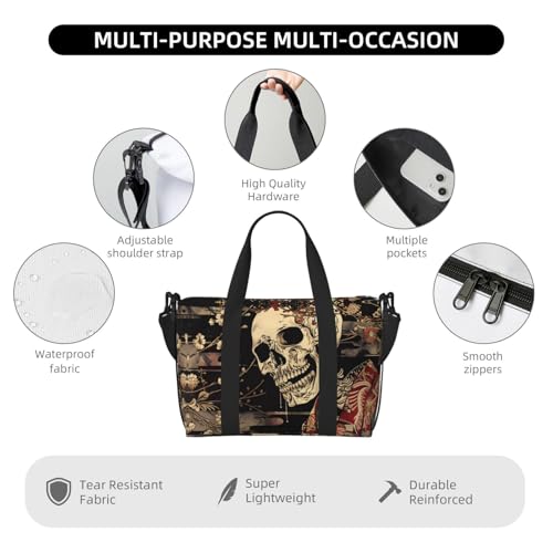 Carry On Duffle Bags Overnight Weekender Bags for Women, Gothic Eastern Floral Skull Personal Item Travel Bag, Travel Essentials Sport Gym Bag for Men Women3