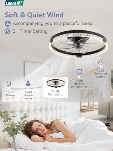 Image of LEDIARY Ceiling Fans with Lights, Low Profile Flush Mount Ceiling Fan, Dimmable LED, APP & Remote Control, Quiet Reversible DC Motor, 6 Speeds, Fandelier for Bedroom (Black, 19.7 inch)