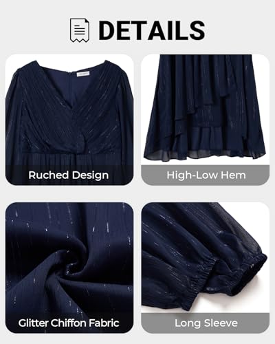 Image of Talisea Plus Size Cocktail Dress - Formal Wedding Guest Fall Long Sleeve A Line Pleated V Neck Midi Dresses for Curvy Women