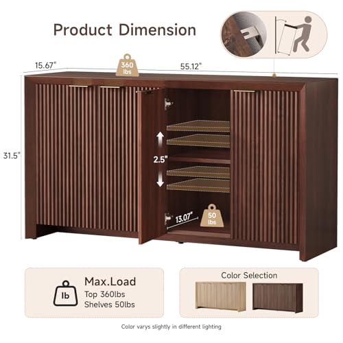 ONBRILL Fluted Sideboard Buffet Cabinet with Storage, Wooden Modern Fluted Sideboard with 4 Doors and 5 Adjustable Shelves, Coffee Bar Table for Dining Room, Hallway, Kitchen (Dark Walnut) - Image 3