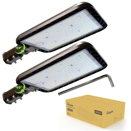 Glitgate 300W Led Parking Lot Lights Outdoor: 45,000LM 5000K Adjustable Slip Fitter Pole Mount Street Light with Dusk to Dawn Photocell 100-277V IP65 Waterproof Commercial Lighting ETL Listed 2 Pack