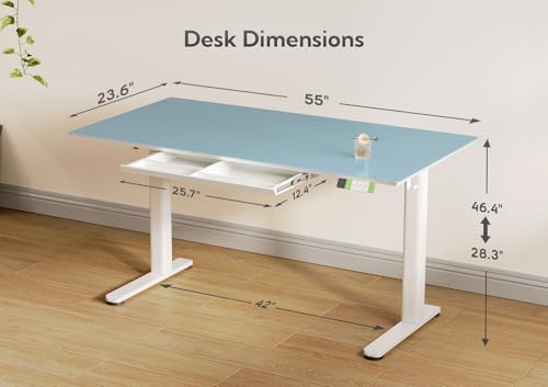 Image of INNOVAR Glass Standing Desk with Drawers 55x24 Inch Morandi Blue