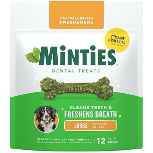 Minties Dental Chews for Dogs, 12 Count, Vet-Recommended Mint-Flavored Dog Treats for Large Breeds Over 50 lbs, Dental Bones that Clean Teeth, Fight Bad Breath, and Remove Plaque and Tartar