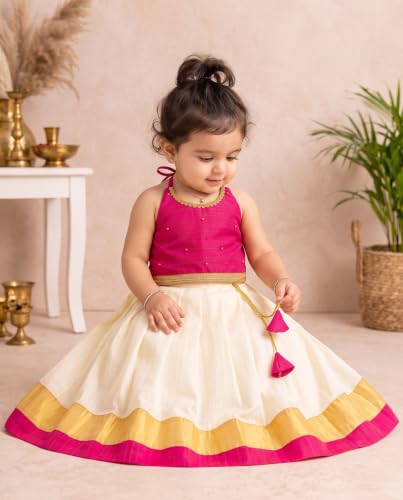 Image of Stanwells Kids Baby Girl Dress Cream Gold Pattu Pavadai Cotton Silk Lehenga Choli Kerala Kasavu South Indian Onam Festival Traditional Ethnic Wear
