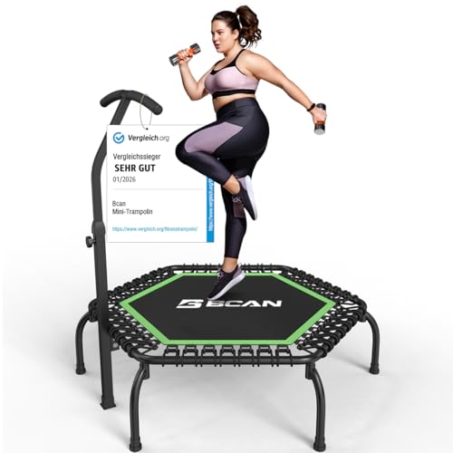 BCAN Fitness Trampolin Indoor Ø 122 cm, Trampolin Erwachsene bis 250 kg, Bodentrampolin mit verstellbarem T-Griff & 42 Gummiseilen, Leise & vibrationsarm