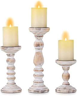 Inweder Wooden Candle Holders Pillar - 3Pcs Wood Candlestick Holders Rustic Pillar Candle Holder Set Distressed White Shabby Chic Tealight Holders for Wedding Centrepieces Farmhouse Home Room Decor