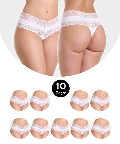 Kit 10 Calcinha Tanga Cós Alto Cintura Alta Fio Dental Em Microfibra E Renda Diana Branca Tamanho:P