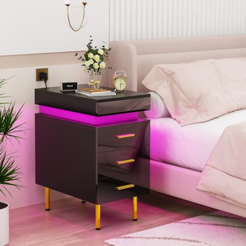 Mesita de Noche con LED, Mesitas de Noche Brillo, Escandinavos, 4 Patas, 3 cajones y 16 Colores LED Adecuada,2 Puertos y 2 Tomas USB, para Cualquier Cama y Dormitorio 55x30x67.5 cm