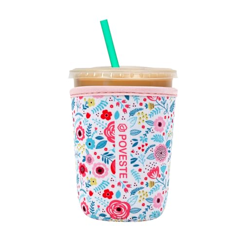 Image of Reusable Neoprene Insulator Sleeve for Iced Coffee & Cold Soda, Coffee Sleeves for Iced & Hot Drinks, Cold Beverage Cooler Compatible with Starbucks, Dunkin (White Flower Garden, Small: 16-18oz)