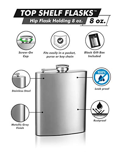 Hip Flask Holding 8 oz. - Pocket Size, Stainless Steel, Rustproof, Screw-On Cap - Metallic Grey Finish Perfect for Engraving - Black Gift Box Included