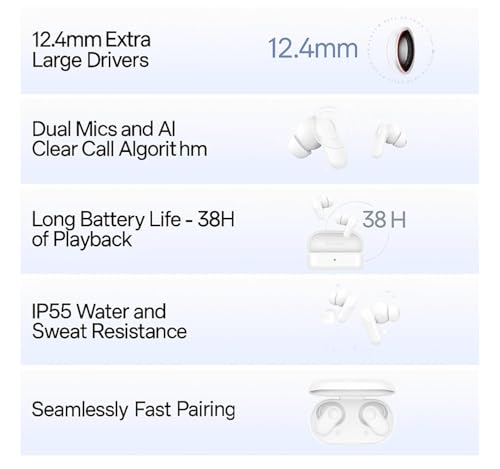 Image of Original True Wireless Bluetooth Earbuds for Oneplus Buds 2R with 12.4mm Drivers, 38 Hours Playback, Microphones for Clear Conversations & Travel Friendly [White]