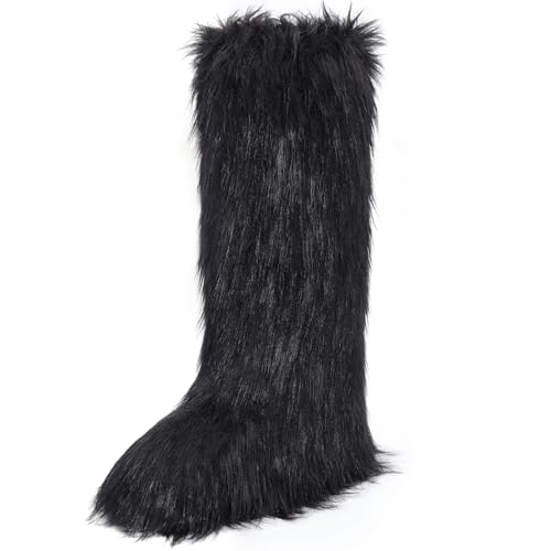 Women's Faux Fur Boots Knee-High Furry Snow Boots Fluffy Warm Winter Boots