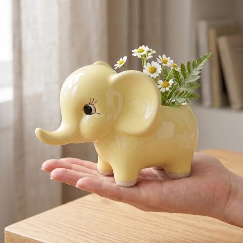Image of Ceramic Elephant Succulent Planter - Cute Animal Shaped Flower Pot for Indoor Plants, Home Decor, Office Desk, & Gifting (Yellow, 6inch)