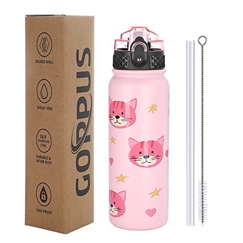 GOPPUS 600ml/20oz Stainless Water Bottle with Straw Double Wall Insulated Bottles with Strap One Hand Open Vacuum Thermal Flask Leakproof Keep Cold Bottles with Flip Top Lid BPA Free (Pink Cat)