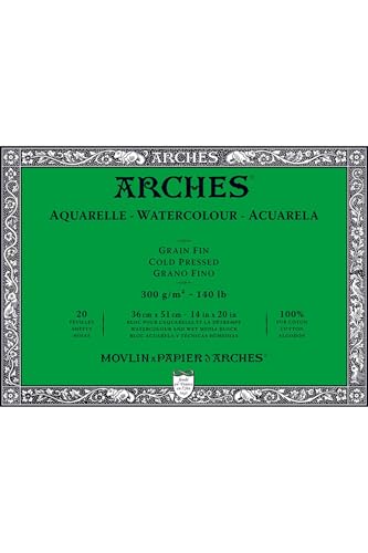 Arches 1795063 Aquarellpapier im Block (36 x 51 cm, 4-seitig geleimt, 300g/m² Feinkorn) 20 Blatt naturweiß