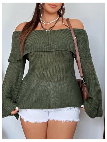 Image of MakeMeChic Women's Plus Size Off Shoulder Flounce Sleeve Sweater Loose Knit Pullover Tops Army Green 3XL