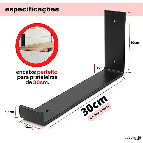 RIO DESIGN99 Mão Francesa 30cm Cantoneira Invertida - Preta - 4 Unidades - Reforçada Industrial Supo