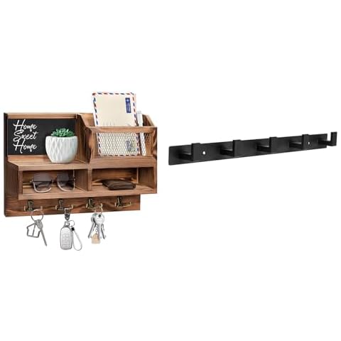 HOMEBROS Wooden Key Mail Organizer with Side Chalkboard and Metal Coat Rack 1Pcs Cover