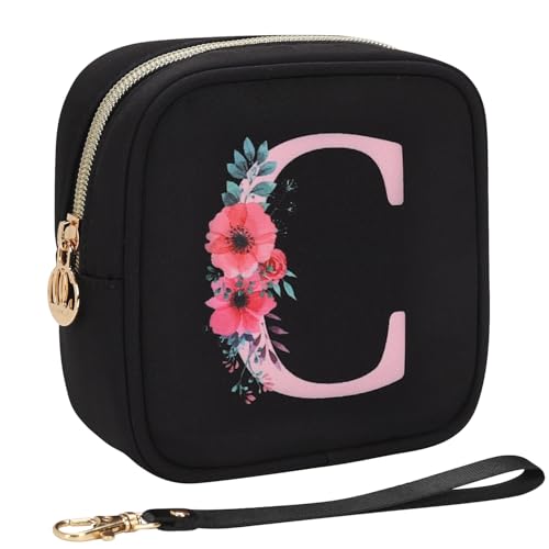 Relavel Initial Mini Makeup Bag for Girls, Small Makeup Bag for Purse with Zipper ＆ Removable Handle, Portable Makeup Pouch Lipstick Skincare Bag, Small Gift Cosmetic Bags for Women Girls(Black C)