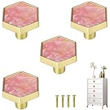 Brosay Pink Drawer Knobs Hexagon Cabinet Pulls for Furniture Wardrobe Cupboard Marble Kitchen Cabinet Door Handles 4 Pcs (Pink)