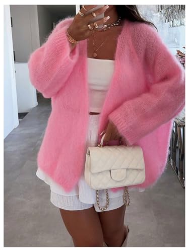 MakeMeChic Women's Fuzzy Long Sleeve Cardigan Sweater Open Front Y2K Knitted Outerwear2