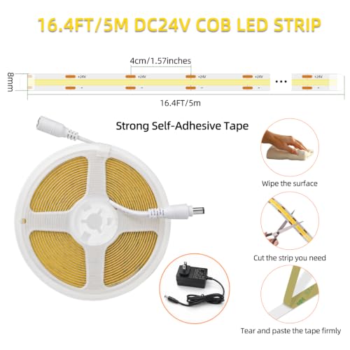 Image of LED Strip Lights 24V COB Pink Dimmable LED Lighting 16.4ft (Kit) | Bright, Dotless High Density 7.2 /m, 8mm Width Cuttable Flexible, Home DIY Commercial Decoration