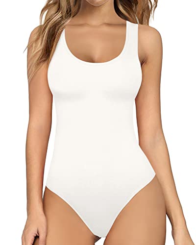 Image of MANGOPOP Women's Tank Top Bodysuit Scoop Neck Sleeveless Body suit Sexy Backless Ribbed Tops White Large
