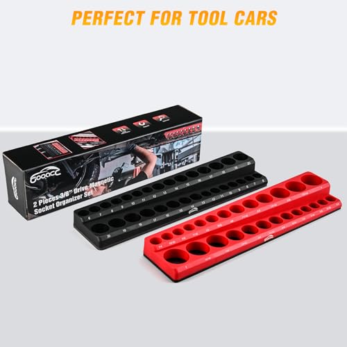 Image of GOOACC 3 /8 inch Magnetic Socket Organizer, 2 Pieces Metric & SAE Socket Drive Holders 3 /8 inch Socket Organizer Tray Holds 56 Standard Sockets for Toolboxes