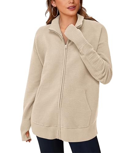 PRETTYGARDEN Womens Fall 2025 Long Sleeve Zip Up Cardigan Sweaters Casual Loose Collared Ribbed Knit Tops Jackets Thumb Hole2
