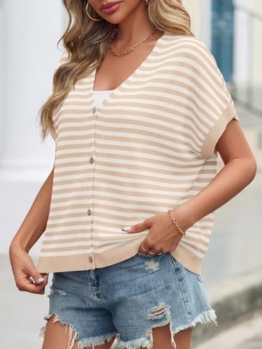 Image of Saodimallsu Womens Summer Oversized Cardigans Batwing Short Sleeve Lightweight Button V Neck Casual Knit Sweater Tops