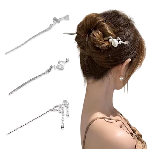 Flower Hair Sticks Chinese Tassel Hair Pins Pearl Women Long Hair Buns Holders Silver Retro Hairpins Metal Elegant Hair Accessories 3 Pcs